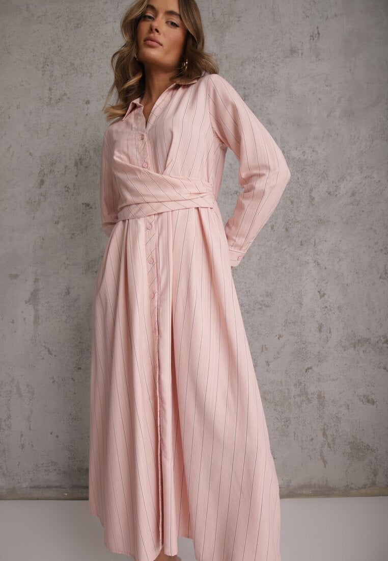 Różowa Wiskozowa Sukienka o Koszulowym Kroju z Marszczoną Talią Abilera