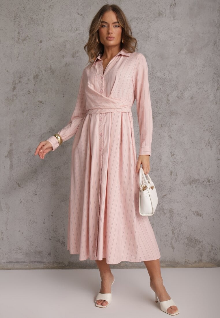 Różowa Wiskozowa Sukienka o Koszulowym Kroju z Marszczoną Talią Abilera