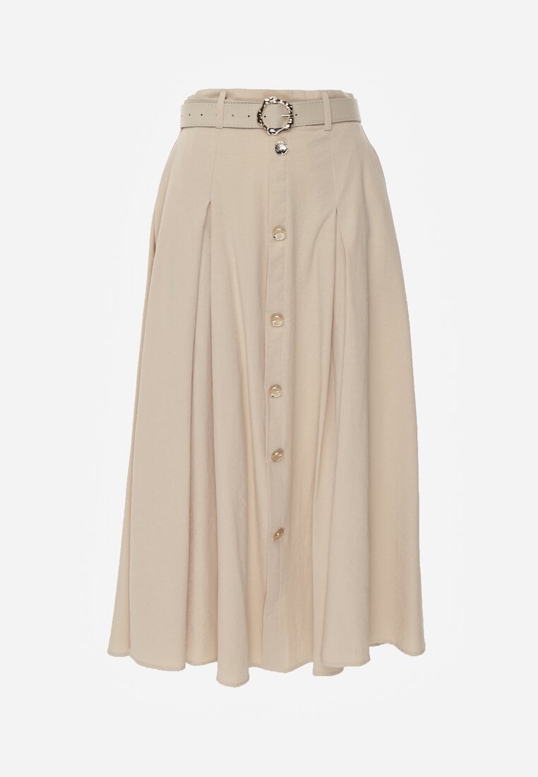 Beżowa Rozkloszowana Spódnica z Kieszonkami i Paskiem z Klamrą Qualea