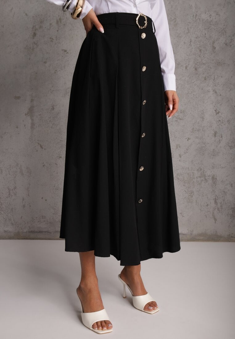 Czarna Rozkloszowana Spódnica z Kieszonkami i Paskiem z Klamrą Qualea