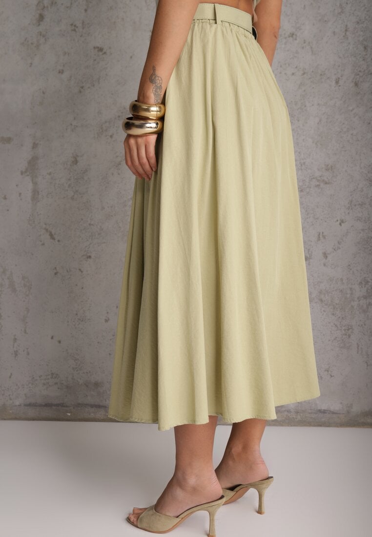 Zielona Rozkloszowana Spódnica z Kieszonkami i Paskiem z Klamrą Qualea