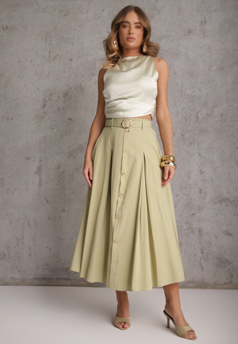 Zielona Rozkloszowana Spódnica z Kieszonkami i Paskiem z Klamrą Qualea