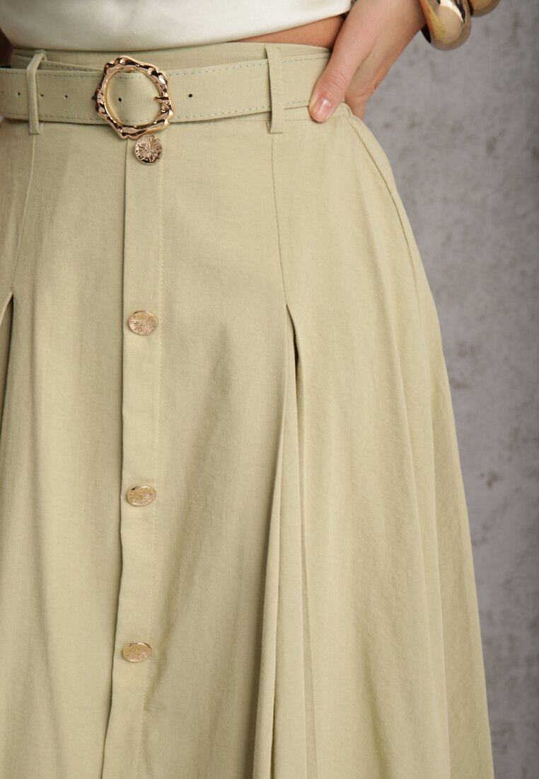 Zielona Rozkloszowana Spódnica z Kieszonkami i Paskiem z Klamrą Qualea