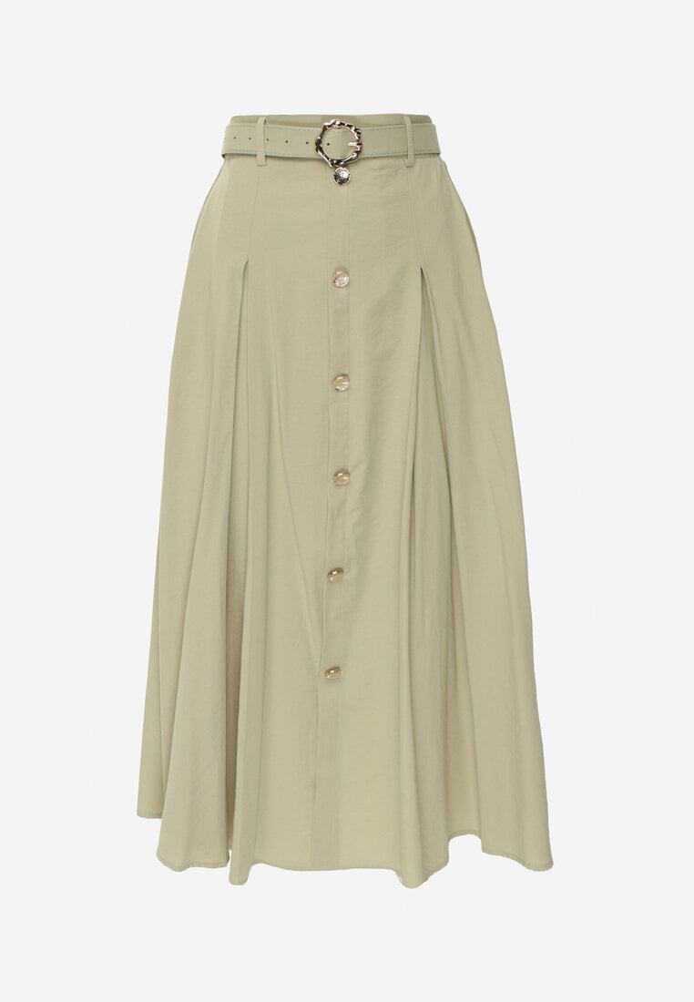 Zielona Rozkloszowana Spódnica z Kieszonkami i Paskiem z Klamrą Qualea