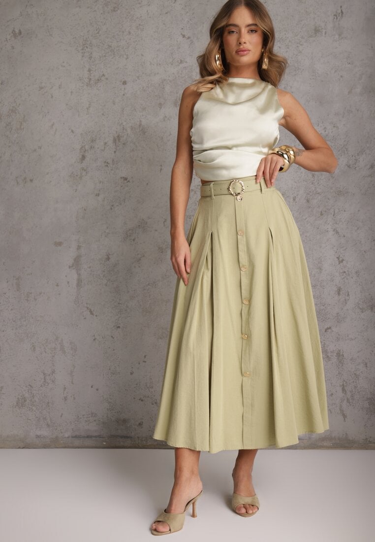 Zielona Rozkloszowana Spódnica z Kieszonkami i Paskiem z Klamrą Qualea