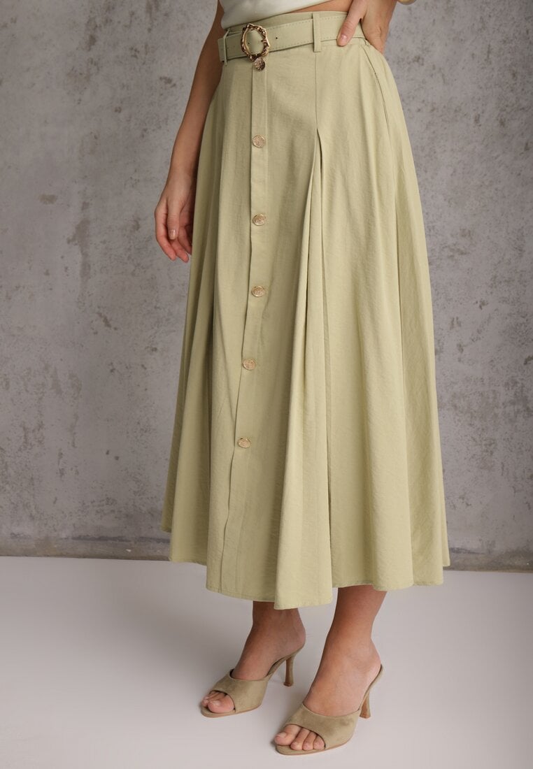 Zielona Rozkloszowana Spódnica z Kieszonkami i Paskiem z Klamrą Qualea