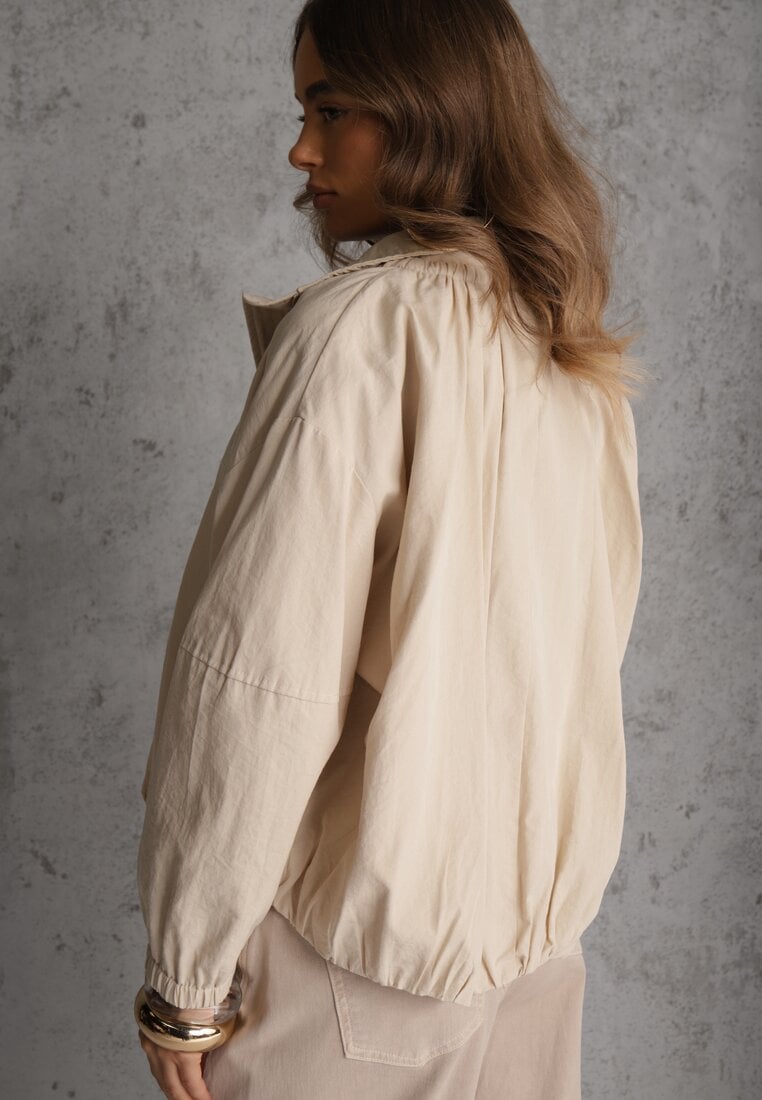 Beżowa Oversizowa Kurtka Przejściowa o Kroju Bombki z Bawełny i Wiskozy Birana