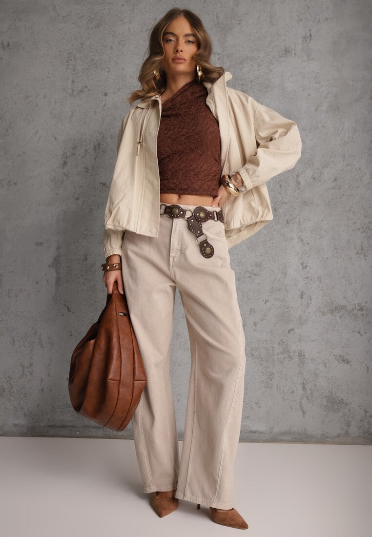 Beżowa Oversizowa Kurtka Przejściowa o Kroju Bombki z Bawełny i Wiskozy Birana