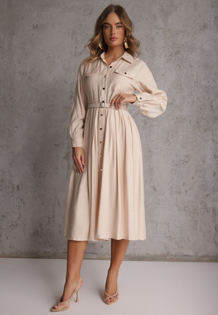 Beżowa Sukienka Rozkloszowana z Wiskozy o Koszulowym Kroju z Paskiem Anteis