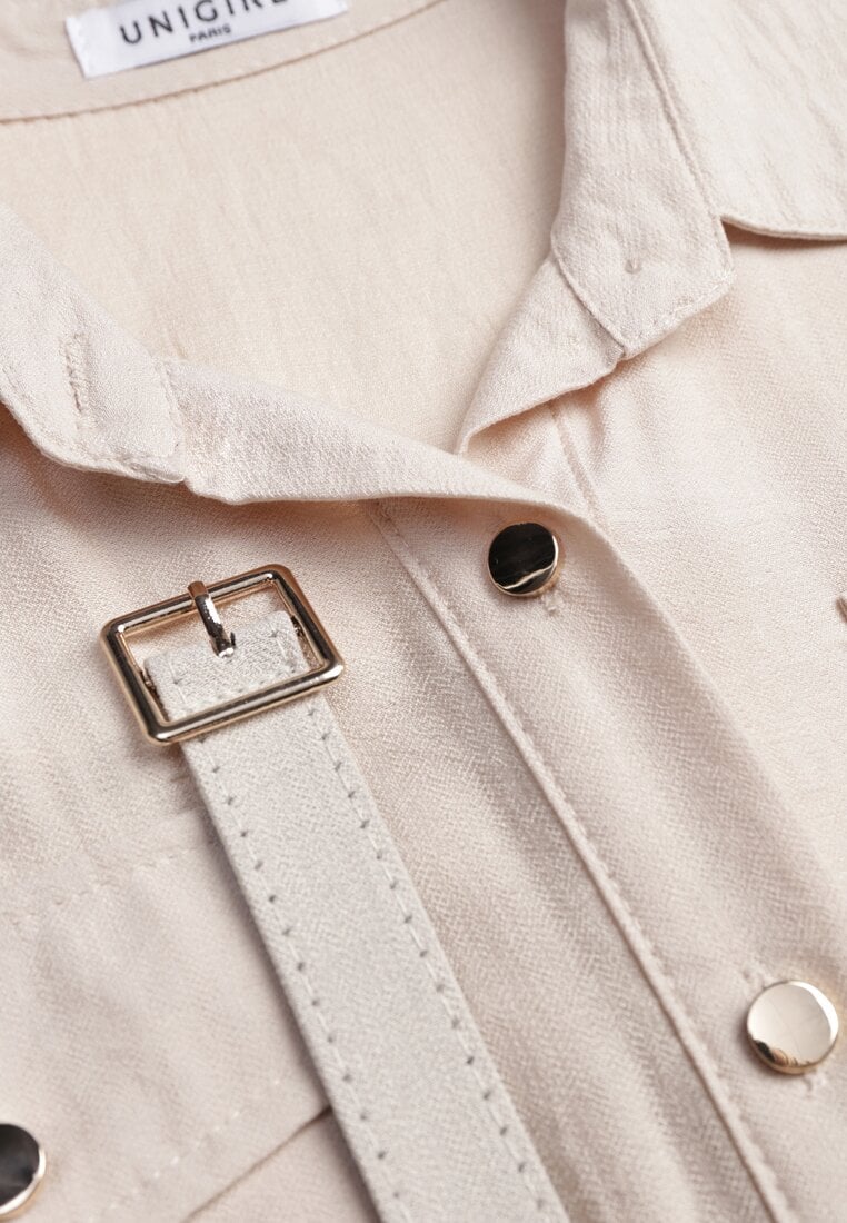 Beżowa Sukienka Rozkloszowana z Wiskozy o Koszulowym Kroju z Paskiem Anteis