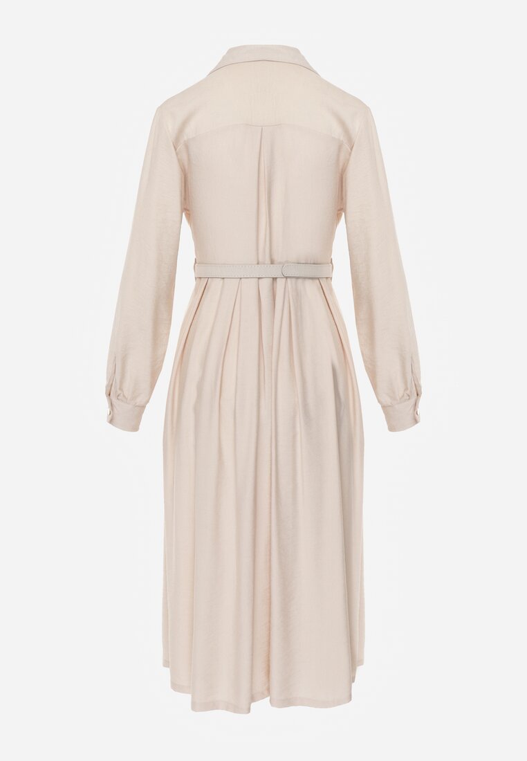 Beżowa Sukienka Rozkloszowana z Wiskozy o Koszulowym Kroju z Paskiem Anteis