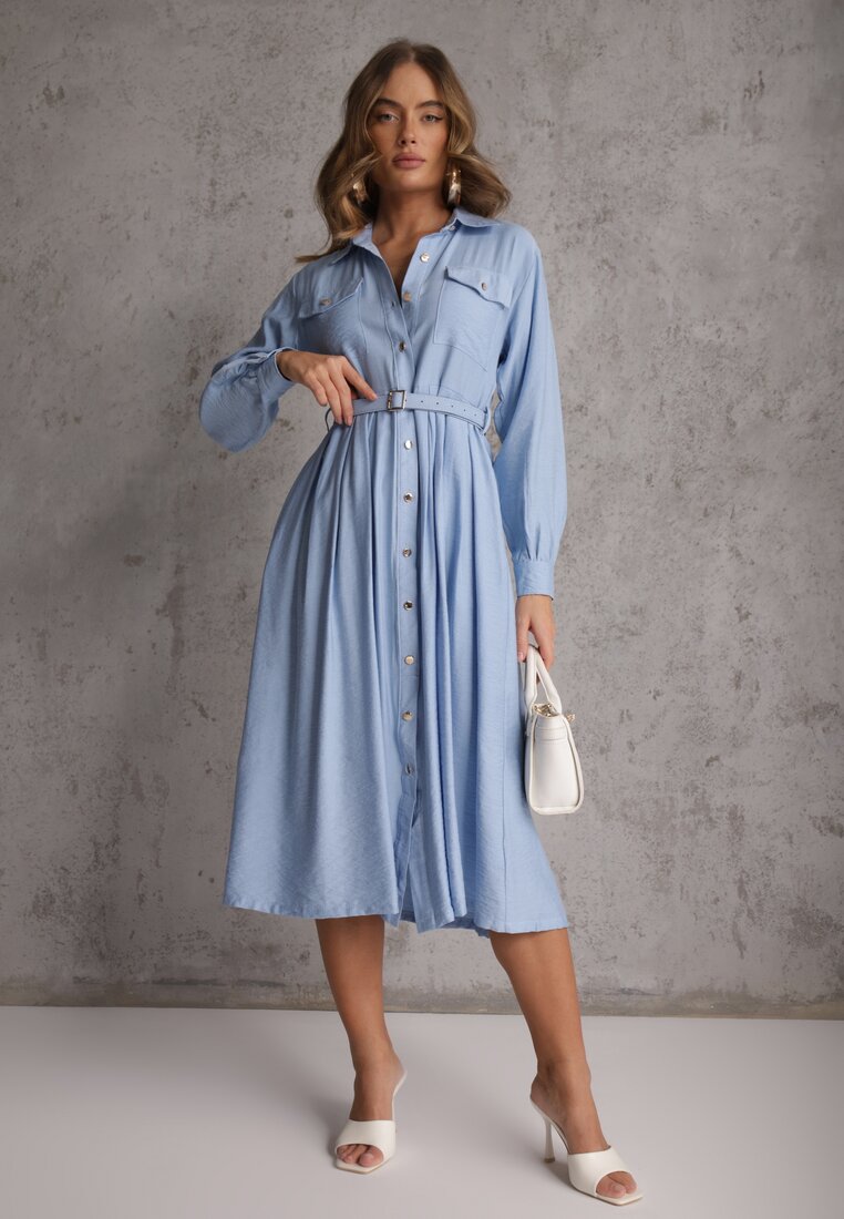 Niebieska Sukienka Rozkloszowana z Wiskozy o Koszulowym Kroju z Paskiem Anteis