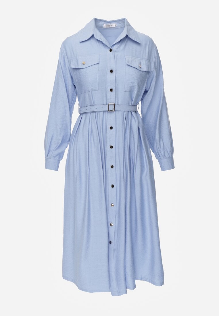 Niebieska Sukienka Rozkloszowana z Wiskozy o Koszulowym Kroju z Paskiem Anteis