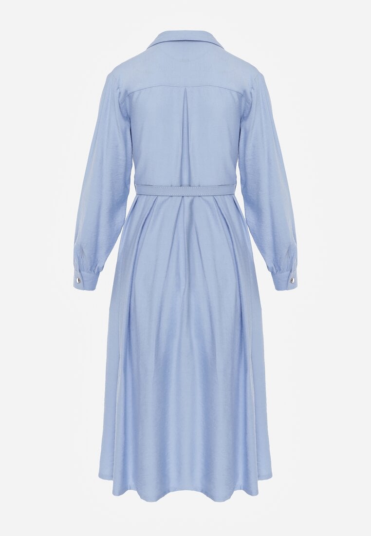 Niebieska Sukienka Rozkloszowana z Wiskozy o Koszulowym Kroju z Paskiem Anteis