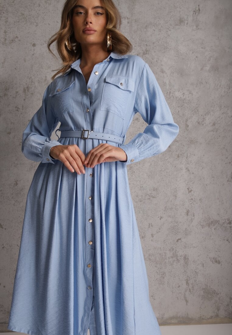 Niebieska Sukienka Rozkloszowana z Wiskozy o Koszulowym Kroju z Paskiem Anteis