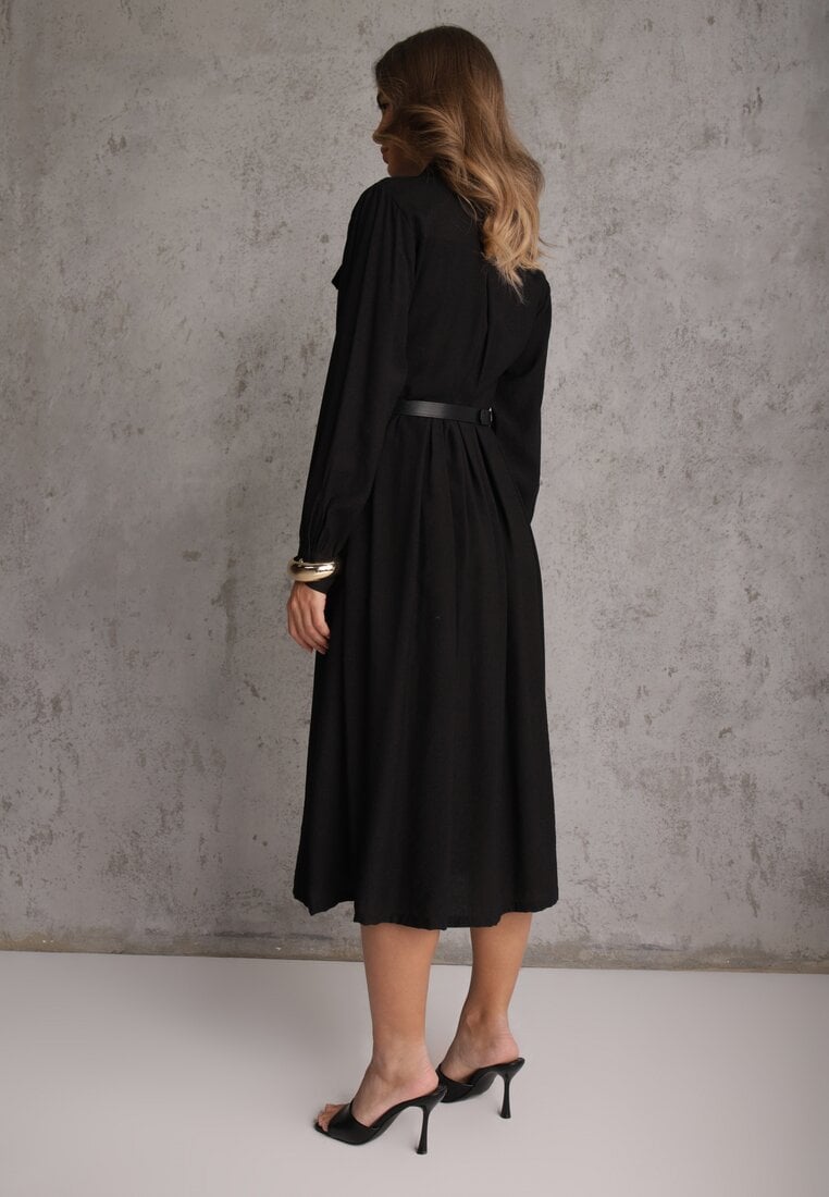 Czarna Sukienka Rozkloszowana z Wiskozy o Koszulowym Kroju z Paskiem Anteis