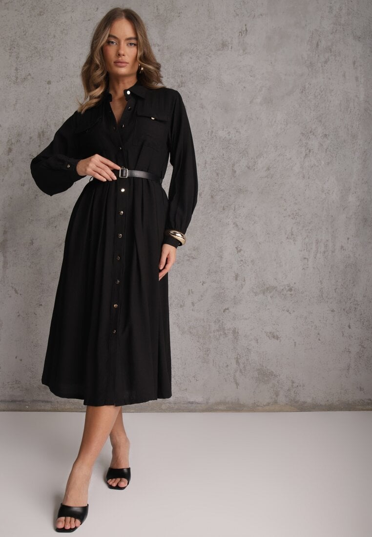 Czarna Sukienka Rozkloszowana z Wiskozy o Koszulowym Kroju z Paskiem Anteis