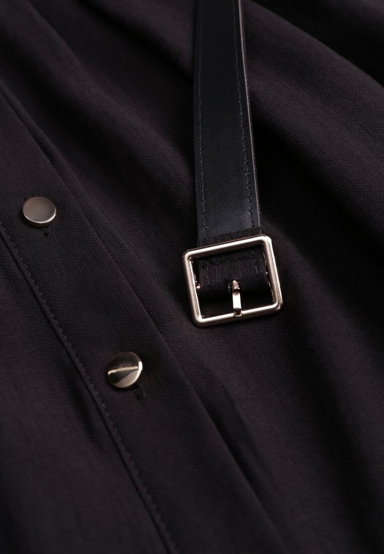 Czarna Sukienka Rozkloszowana z Wiskozy o Koszulowym Kroju z Paskiem Anteis