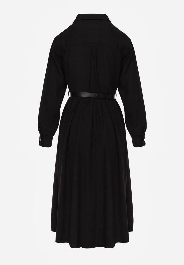 Czarna Sukienka Rozkloszowana z Wiskozy o Koszulowym Kroju z Paskiem Anteis