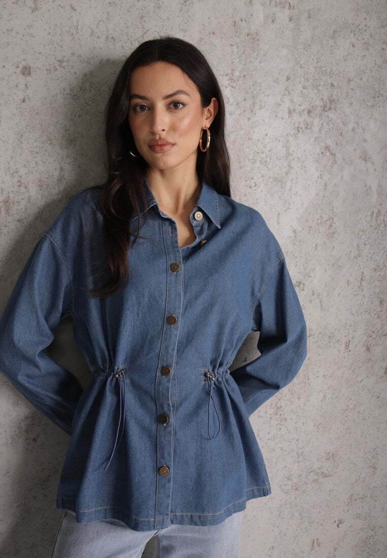 Niebieska Koszula z Bawełny Ściągana w Talii Troczkami Hettia