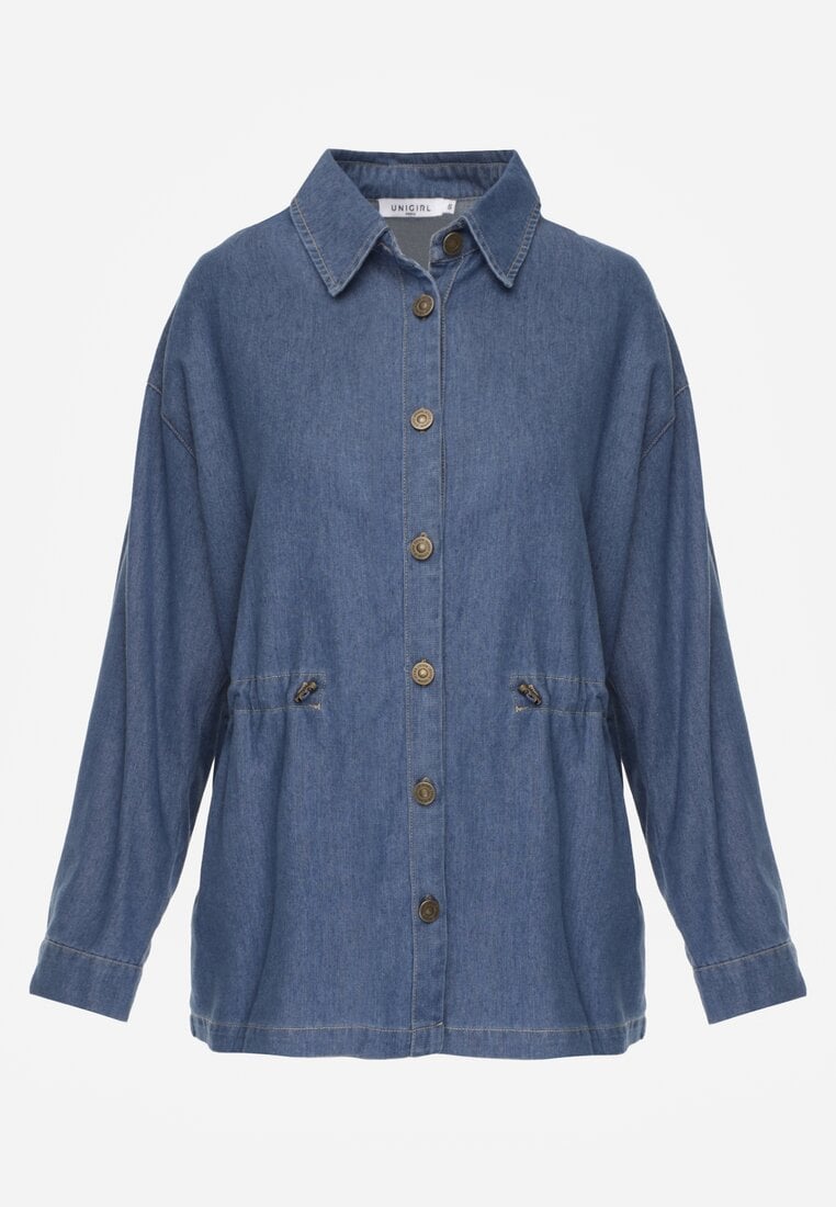 Niebieska Koszula z Bawełny Ściągana w Talii Troczkami Hettia