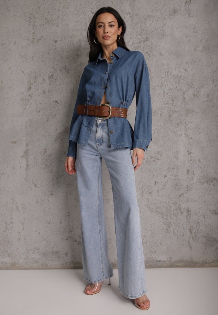 Niebieska Koszula z Bawełny Ściągana w Talii Troczkami Hettia