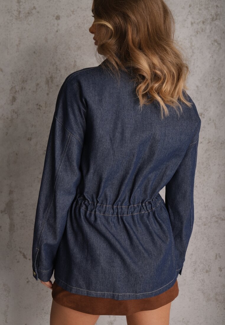 Granatowa Koszula z Bawełny Ściągana w Talii Troczkami Hettia