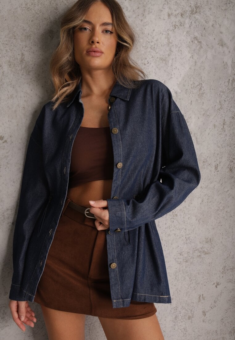 Granatowa Koszula z Bawełny Ściągana w Talii Troczkami Hettia