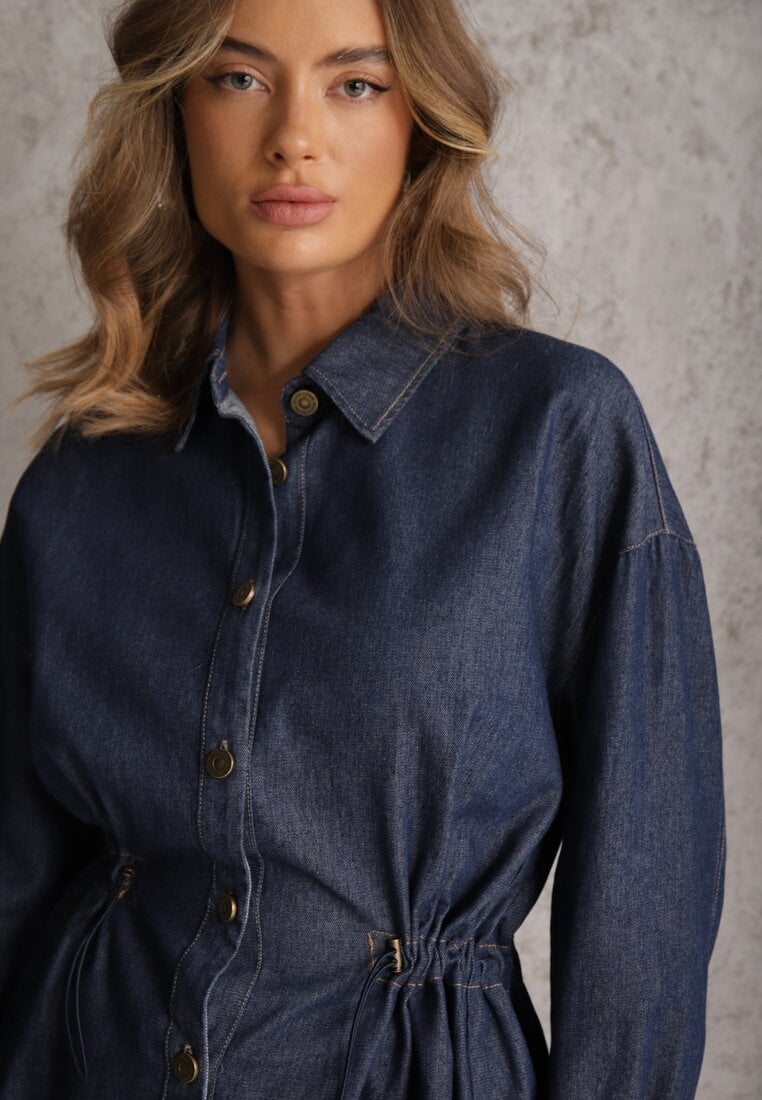 Granatowa Koszula z Bawełny Ściągana w Talii Troczkami Hettia