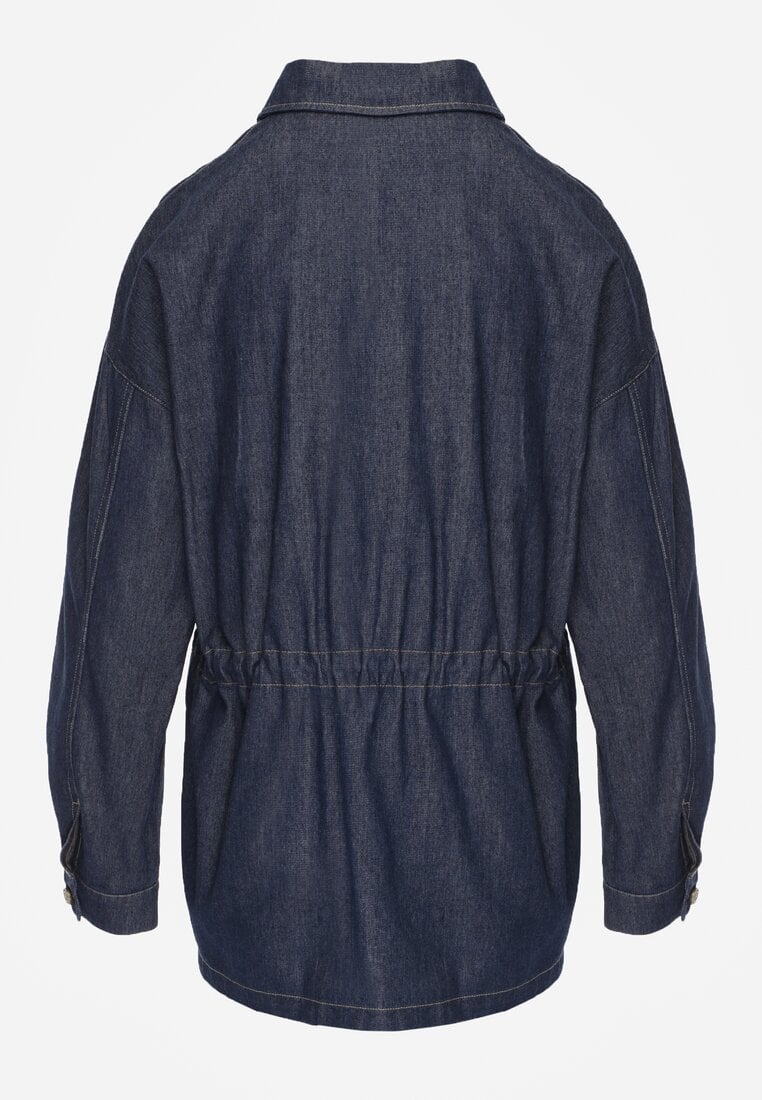 Granatowa Koszula z Bawełny Ściągana w Talii Troczkami Hettia