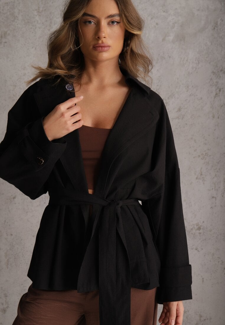 Czarna Kurtka z Bawełny i Wiskozy o Fasonie Krótkiego Trencza Abicara