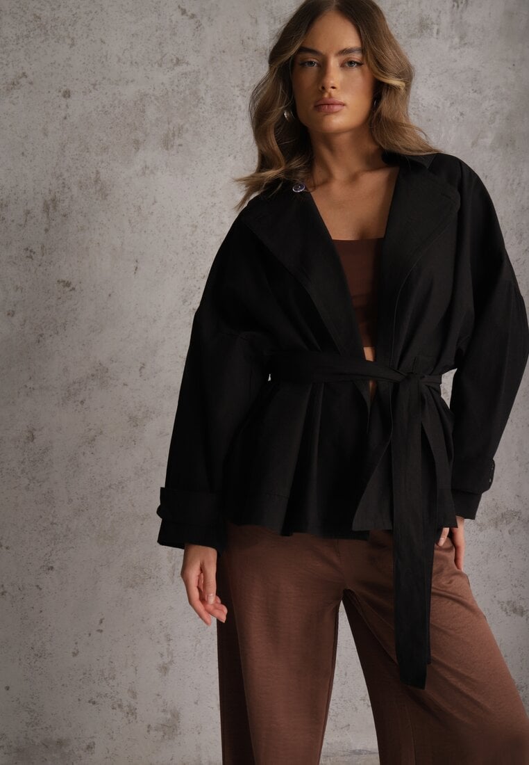 Czarna Kurtka z Bawełny i Wiskozy o Fasonie Krótkiego Trencza Abicara