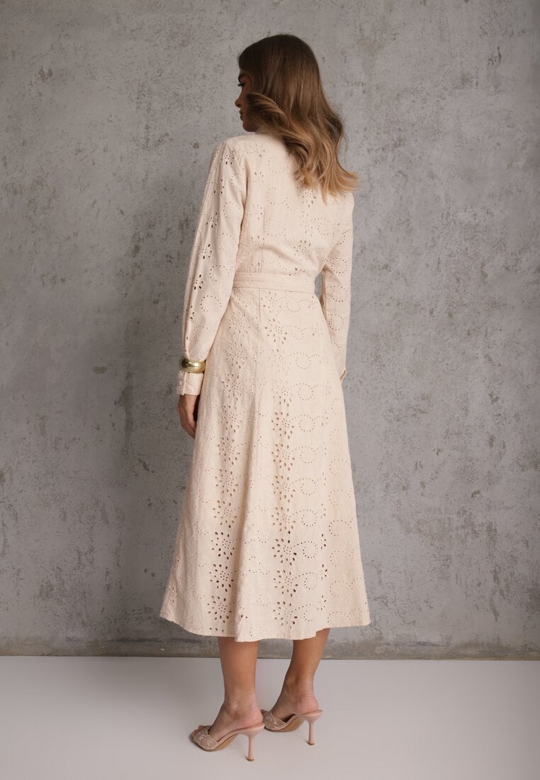 Beżowa Ażurowa Sukienka z Bawełny Ozdobiona Paskiem Novenelle