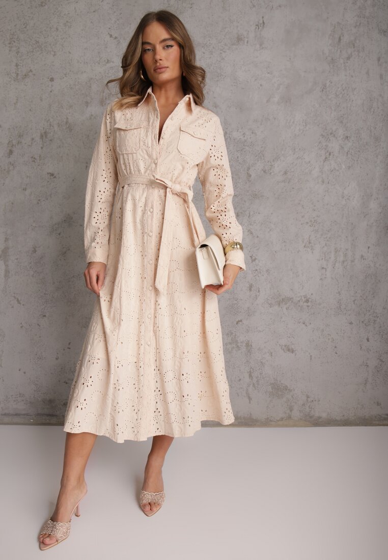Beżowa Ażurowa Sukienka z Bawełny Ozdobiona Paskiem Novenelle