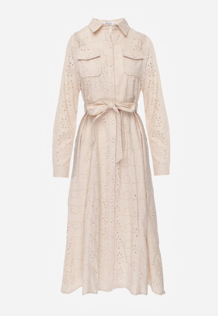 Beżowa Ażurowa Sukienka z Bawełny Ozdobiona Paskiem Novenelle