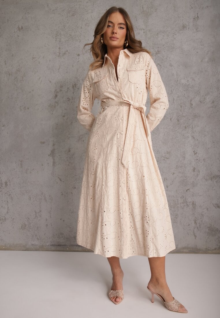 Beżowa Ażurowa Sukienka z Bawełny Ozdobiona Paskiem Novenelle