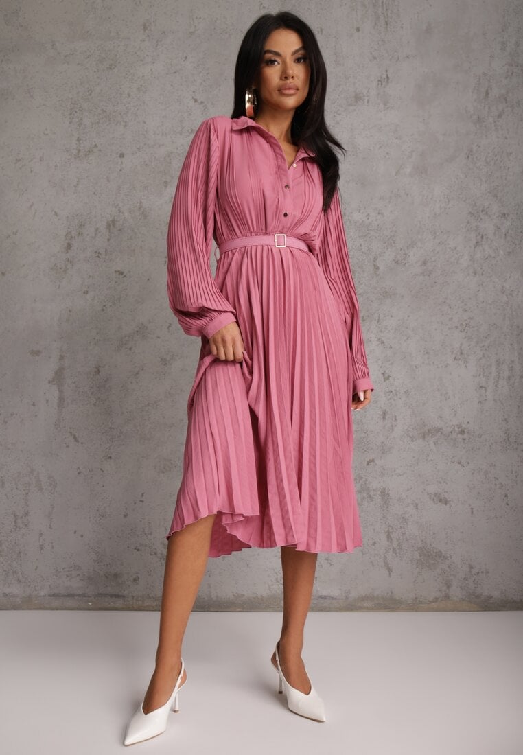 Fuksjowa Koszulowa Sukienka z Plisowanymi Zdobieniami i Paskiem z Klamrą Efrivelle