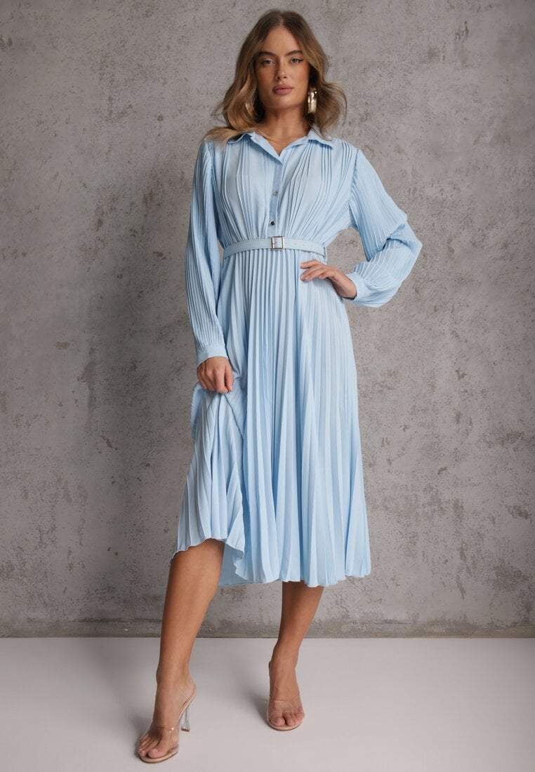 Niebieska Koszulowa Sukienka z Plisowanymi Zdobieniami i Paskiem z Klamrą Efrivelle
