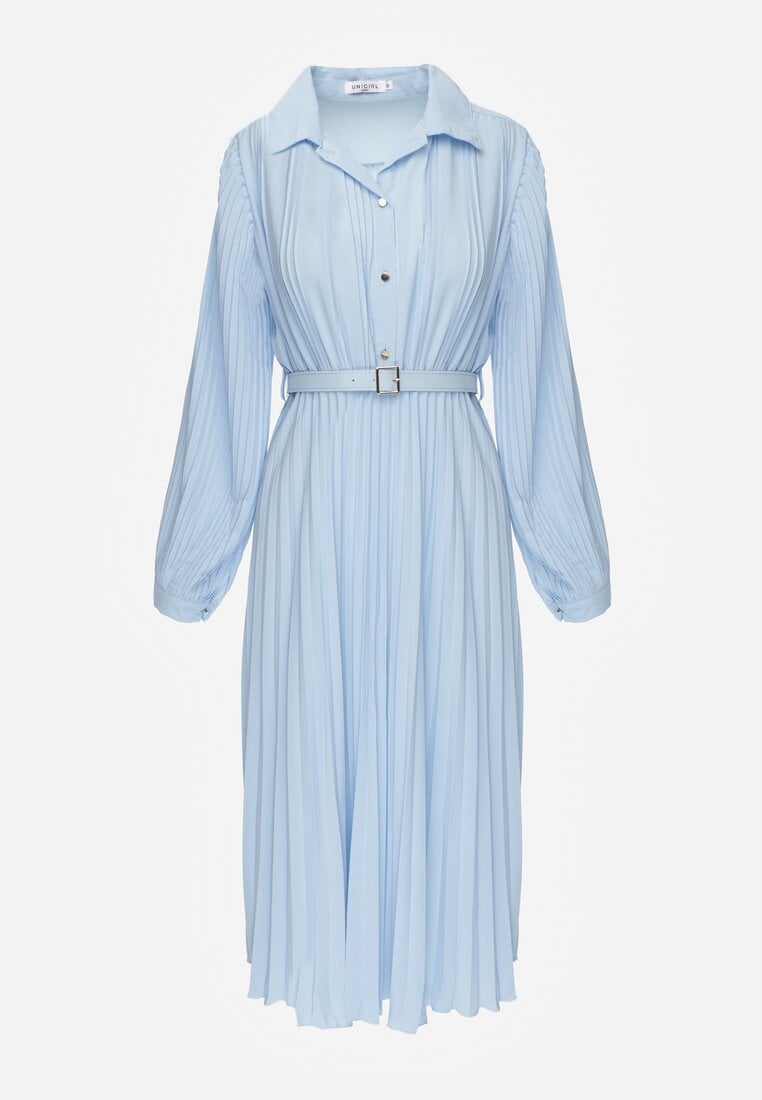 Niebieska Koszulowa Sukienka z Plisowanymi Zdobieniami i Paskiem z Klamrą Efrivelle