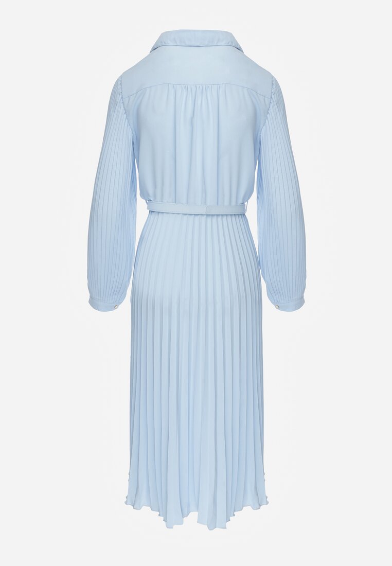 Niebieska Koszulowa Sukienka z Plisowanymi Zdobieniami i Paskiem z Klamrą Efrivelle