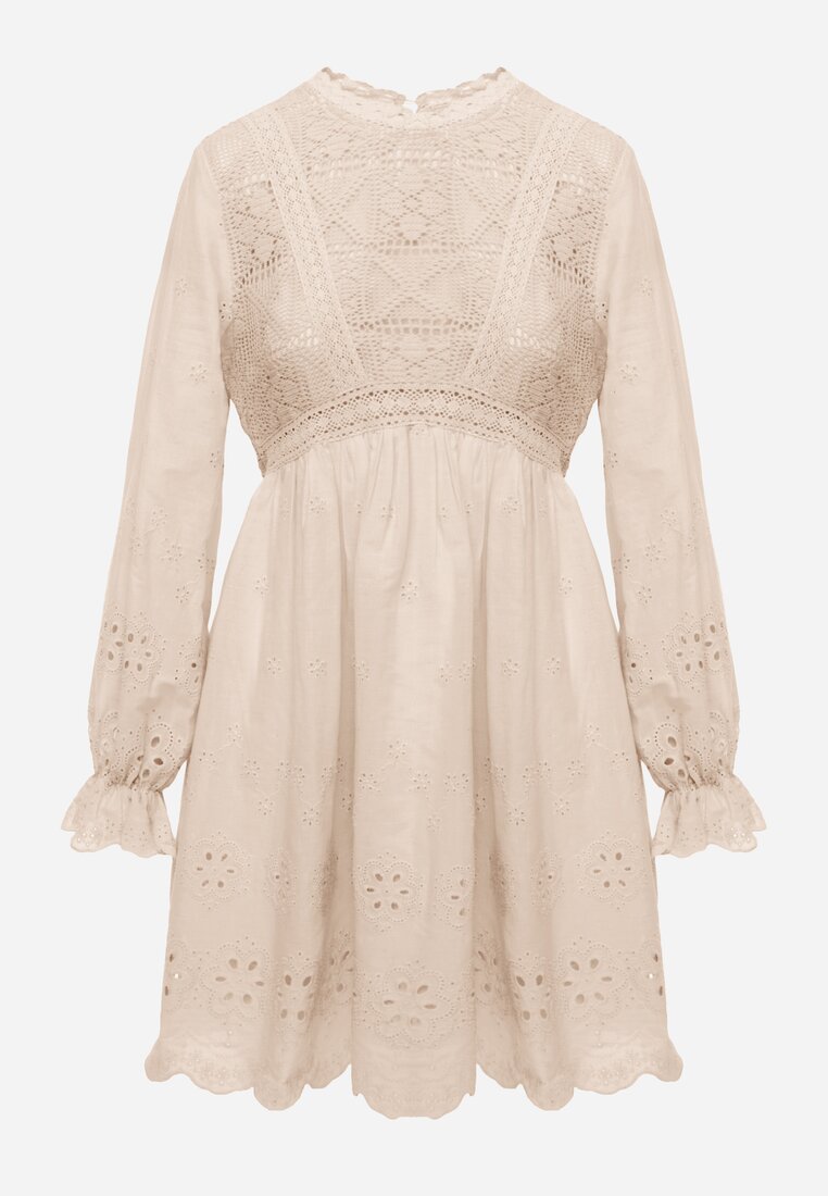 Beżowa Rustykalna Sukienka z Bawełną Zdobiona Haftem i Ażurowymi Wycięciami Winlith