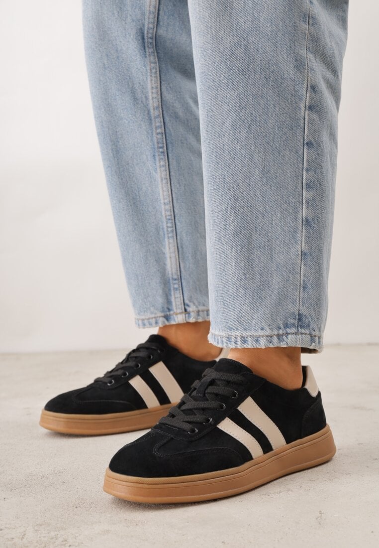 Czarne Sneakersy ze Skóry Naturalnej z Geometrycznym Wzorem Zetisius