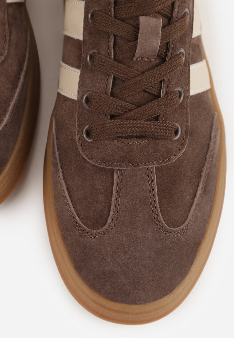 Ciemnobrązowe Sneakersy ze Skóry Naturalnej z Geometrycznym Wzorem Zetisius