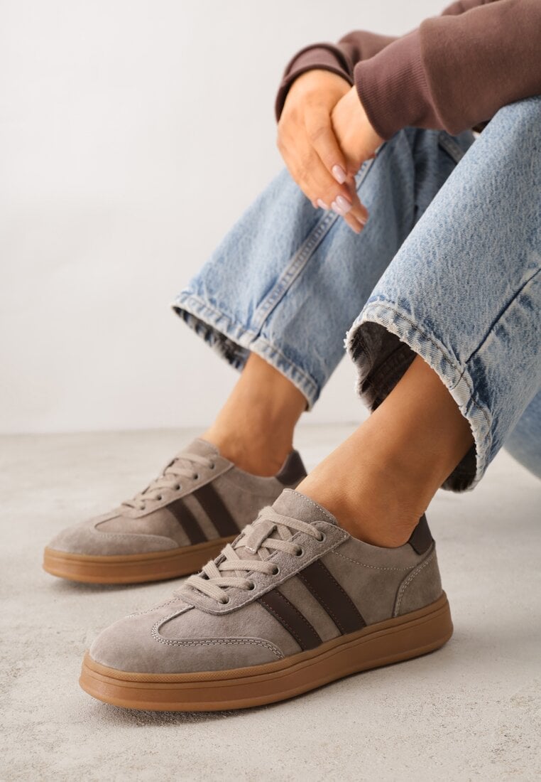 Beżowe Sneakersy ze Skóry Naturalnej z Geometrycznym Wzorem Zetisius