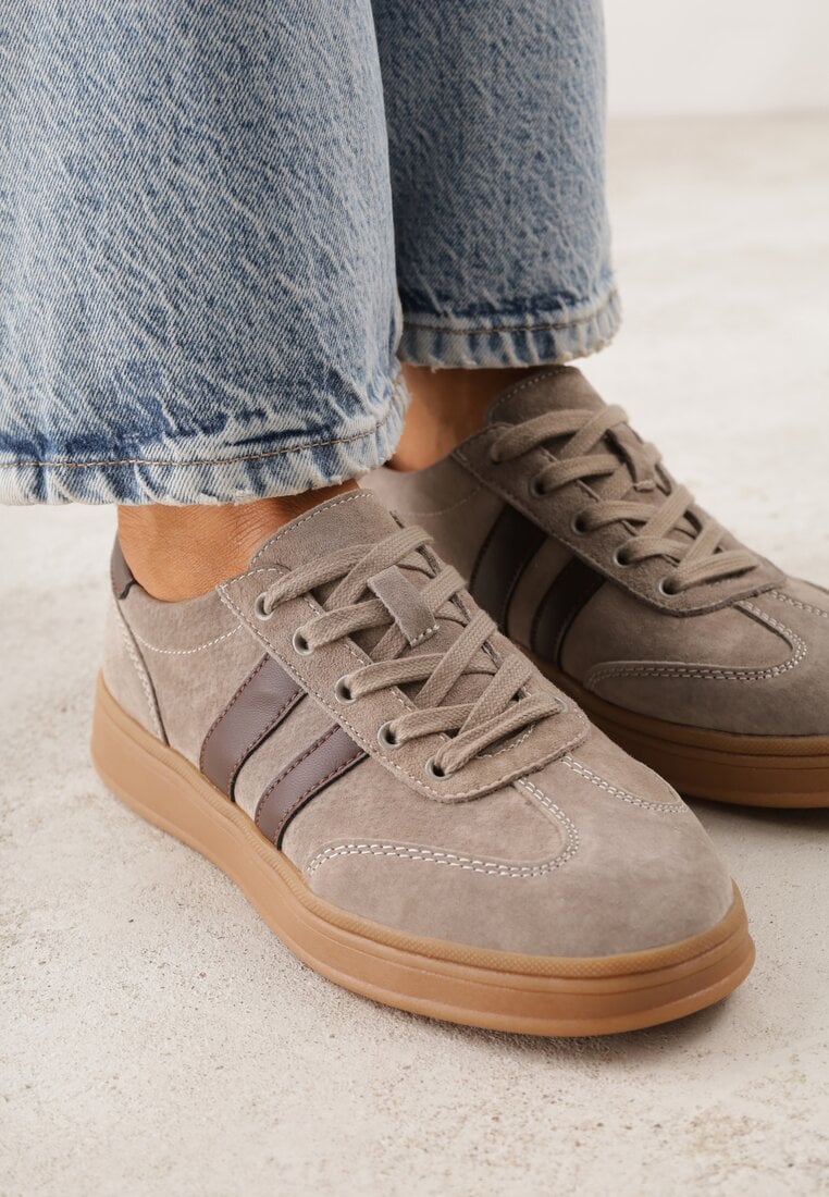 Beżowe Sneakersy ze Skóry Naturalnej z Geometrycznym Wzorem Zetisius