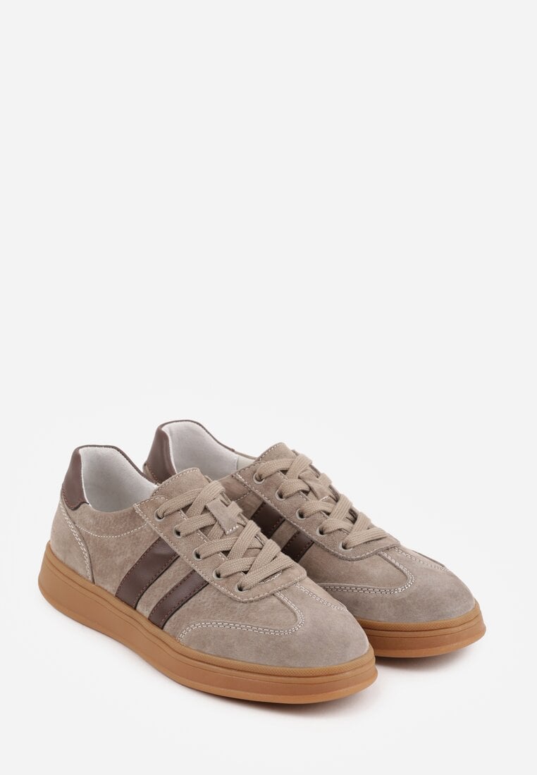 Beżowe Sneakersy ze Skóry Naturalnej z Geometrycznym Wzorem Zetisius