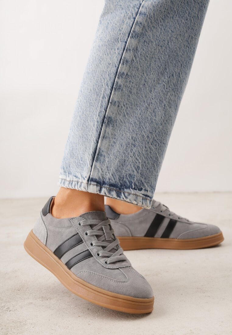 Szare Sneakersy ze Skóry Naturalnej z Geometrycznym Wzorem Zetisius