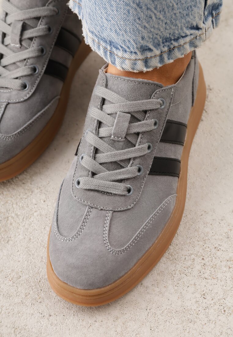 Szare Sneakersy ze Skóry Naturalnej z Geometrycznym Wzorem Zetisius