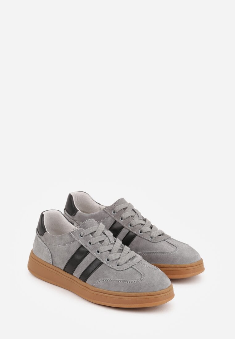 Szare Sneakersy ze Skóry Naturalnej z Geometrycznym Wzorem Zetisius