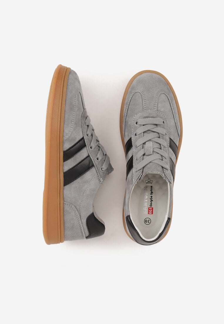 Szare Sneakersy ze Skóry Naturalnej z Geometrycznym Wzorem Zetisius